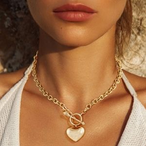Gold Heart Pendant Necklace Toggle Charm Link Jewelry Statement Chain